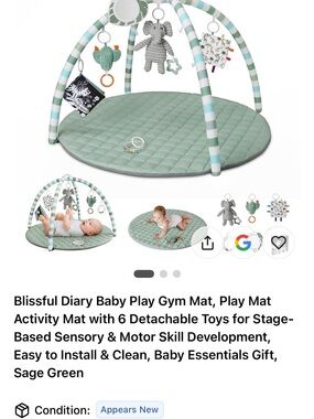 Sage Green Baby Play Gym Mat with 6 Detachable Toys